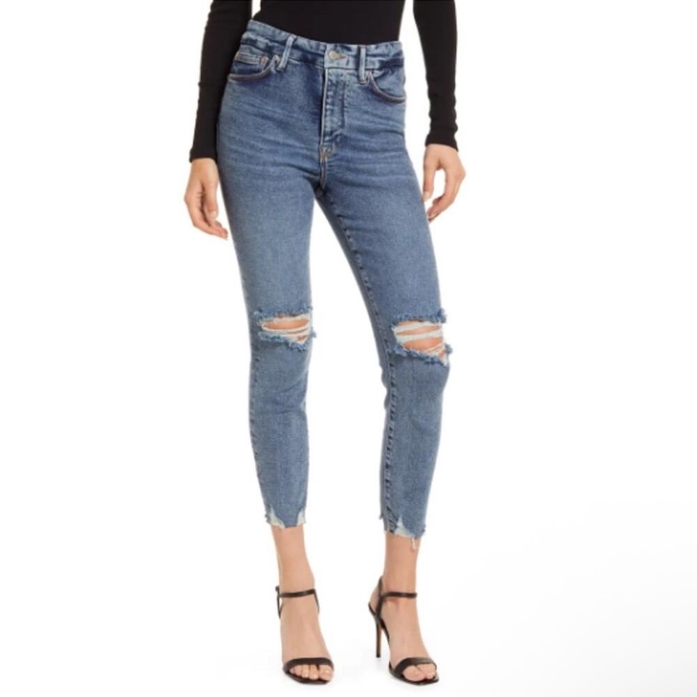 Good American Good Waist Chew Hem Cropped jeans blue799 - 8/29